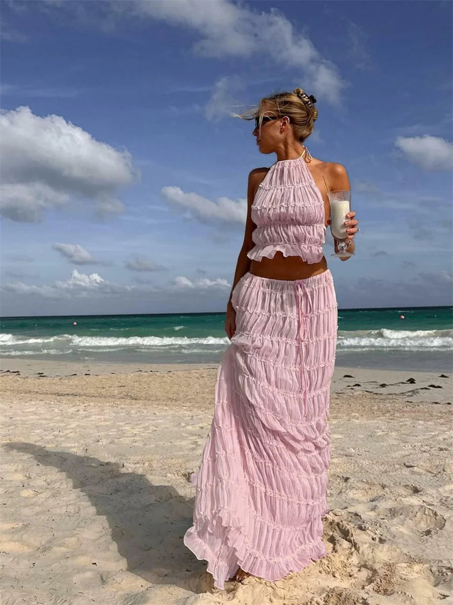 Elara Conjunto Halter con Falda Larga Fruncida